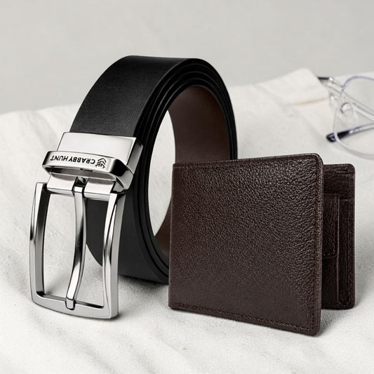 Men’s Classic Leather Wallet & Belt Set – Dark Brown Bi-Fold Wallet with Mild Silver Buckle Belt | Timeless Edition