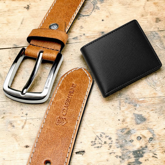 Men’s Tan Leather Wallet & Belt Set – Zipper Wallet with Side Stitch Detailing & Formal Belt | Crafted Edition