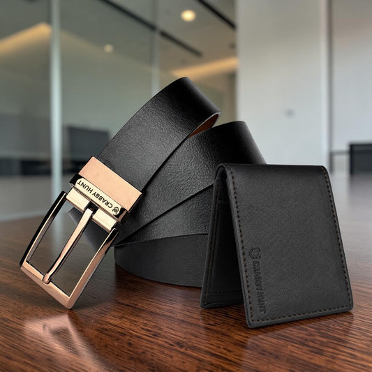 Crabby Hunt Premium Leather Belt & Wallet Combo – Dammas Choco Gold Buckle Belt + Black Back Pocket Wallet Gift Set