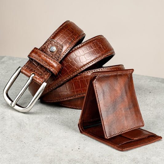 Men’s Croco-Embossed Leather Wallet & Belt Set – Zip Wallet & Vintage Brown Statement Belt | Signature Gift Edition