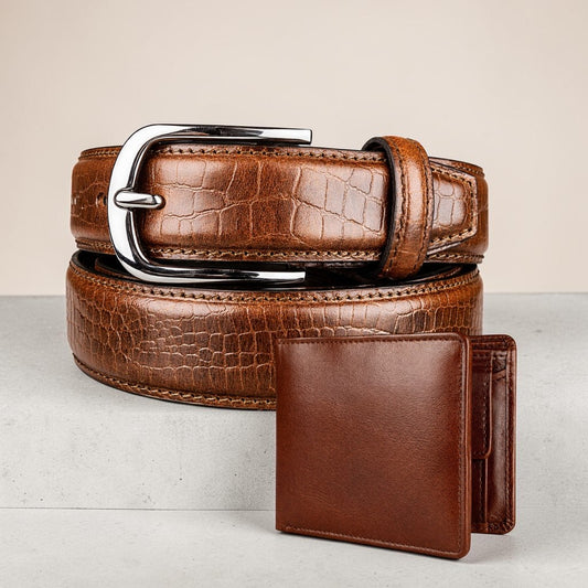 Crabby Hunt Men's Genuine Leather Belt & Wallet Combo | Brown Crocodile Texture Belt with Premium Leather Wallet | Gift Set for Men | Formal & Casual