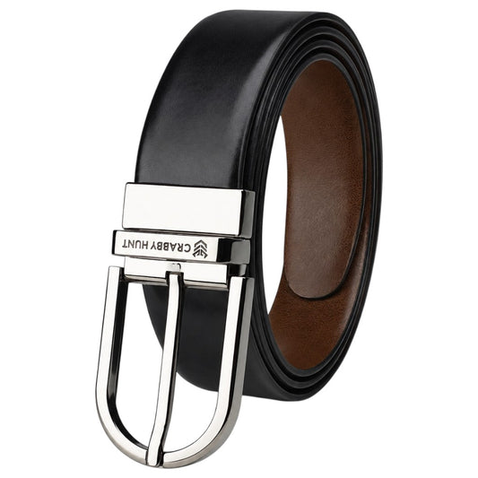 Crabby Hunt Men's Reversible Genuine Leather Belt with Metro Silver Round Buckle | Black & Brown Formal Belt