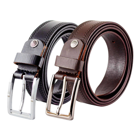 Menβs Textured Leather Belt Combo β Black & Brown with Premium Metal Buckles