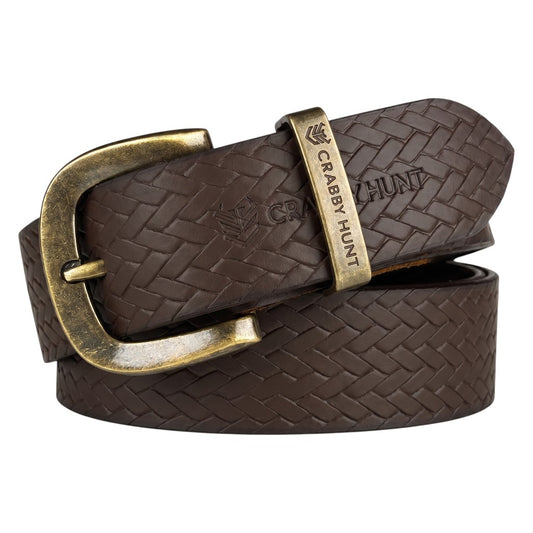Crabby Hunt Brown Woven Pattern Leather Belt for Men – Genuine Leather, Elegant Texture, Stylish & Long-Lasting