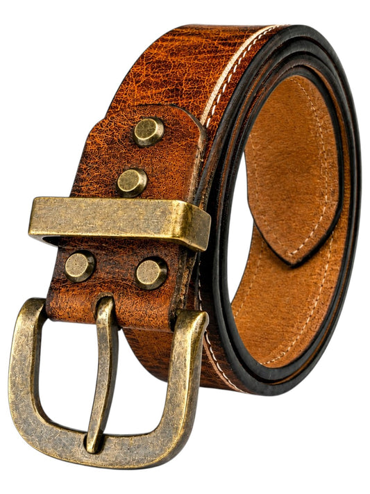 Crabby Hunt Vintage Brown Genuine Leather Belt for Men | Antique Brass Buckle | Casual & Formal Wear