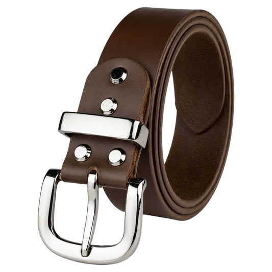 Crabby Hunt Premium Smooth Brown Leather Belt with Gunmetal Round Buckle & High-Shine Metal