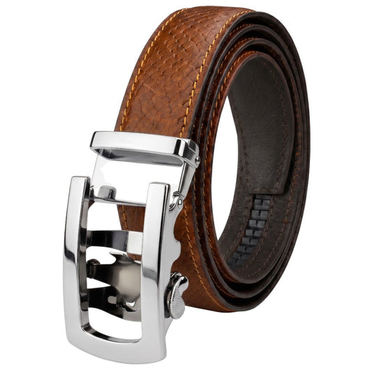 Crabby Hunt Men's Genuine Leather Auto Lock Belt – Brown Python Texture | Silver Ratchet Buckle | 35mm