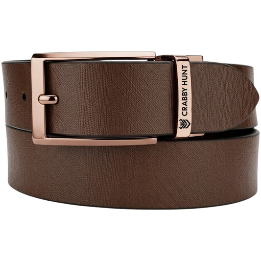 Men's Genuine Leather Belt | Textured Brown Leather Belt with Rose Gold Buckle | Crabby Hunt
