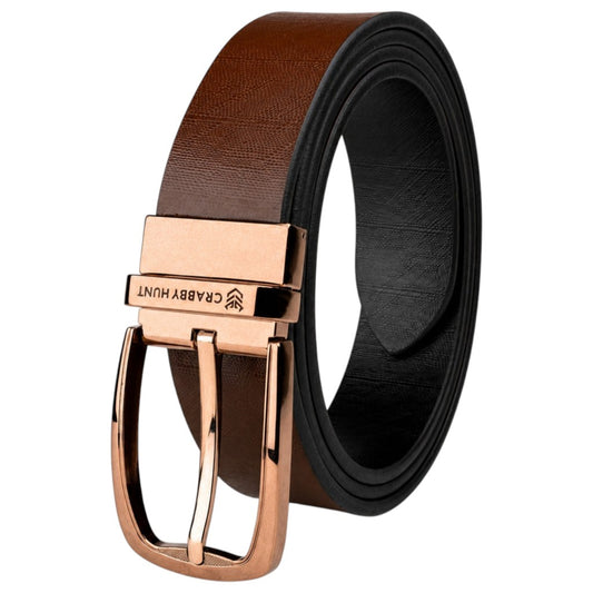 Crabby Hunt Men's Reversible Italian Leather Belt | Black & Brown | Premium Rose Gold Pin Buckle | Genuine Leather Formal Belt for Men | 35 mm