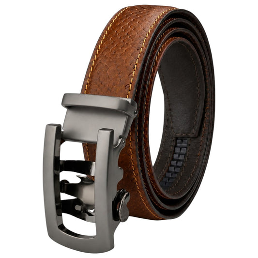 Crabby Hunt Men's Genuine Leather Auto Lock Belt – Python Texture Brown | Grey Ratchet Buckle | 35mm Formal Belt