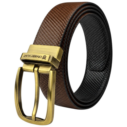 Crabby Hunt Men’s Reversible Genuine Leather Belt – Black & Brown Snake Pattern with Antique Gold Buckle