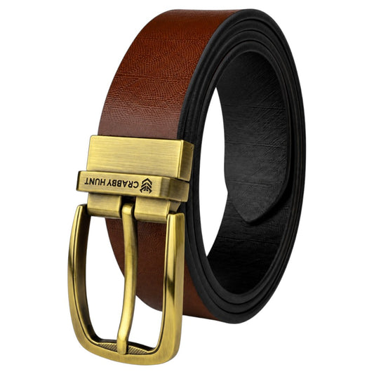 Men’s Black & Tan Reversible Genuine Leather Belt – Embossed Formal Belt with Antique Gold Buckle