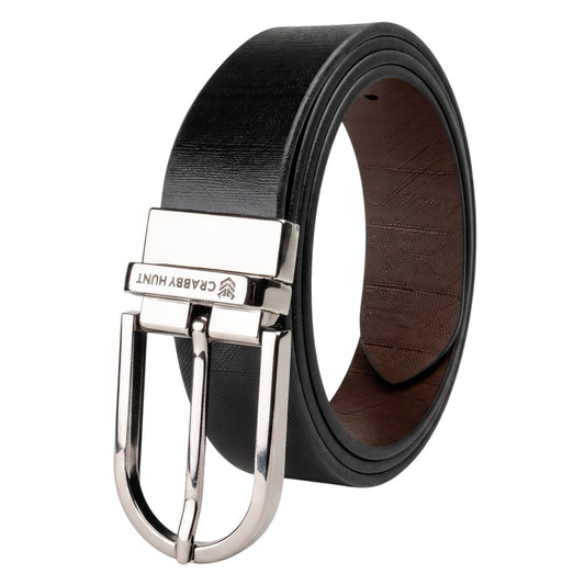 Crabby Hunt Men's Reversible Italian Leather Belt | Black & Brown Dual Color | Premium Silver Pin Buckle | Genuine Leather Belt for Men | 35 mm