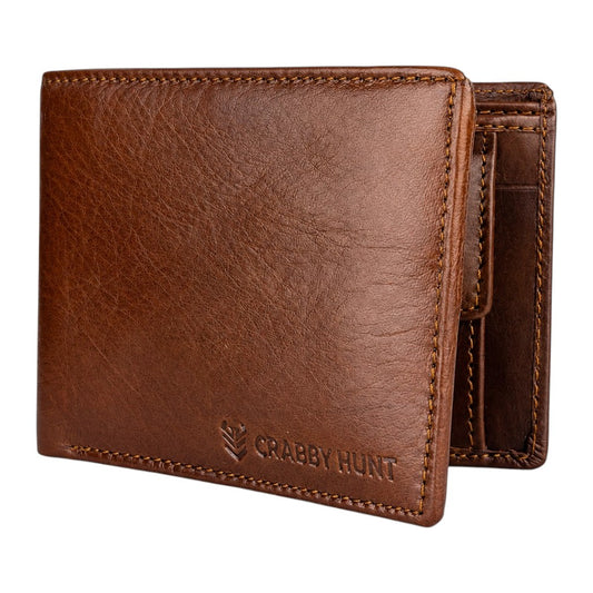 CRABBY HUNT Genuine Leather Wallet for Men | Brown Bifold Wallet with Coin Pocket & Card Slots