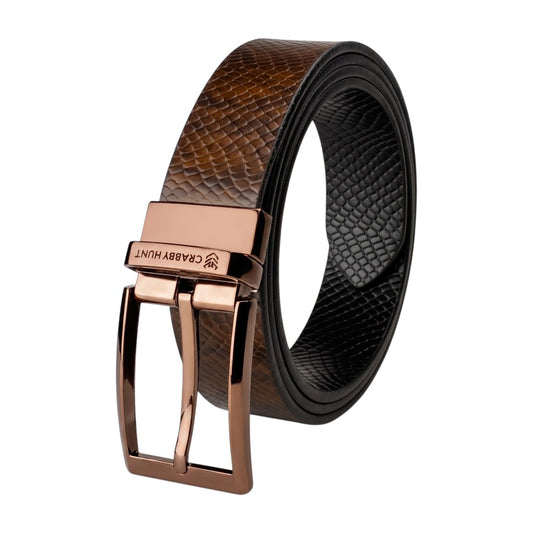 Crabby Hunt Men's Reversible Italian Leather Belt – Black & Brown Textured Belt with Rose Gold Square Buckle | Premium Genuine Leather Belt for Men