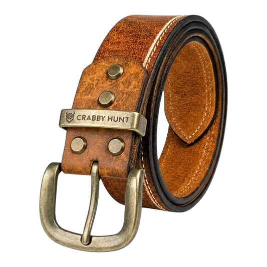 Crabby Hunt Vintage Brown Genuine Leather Belt for Men | Antique Brass Buckle | Casual & Formal Wear