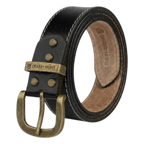 Crabby Hunt Black Leather Belt for Men – Premium Genuine Leather with Thread Stitch Design, Formal & Casual