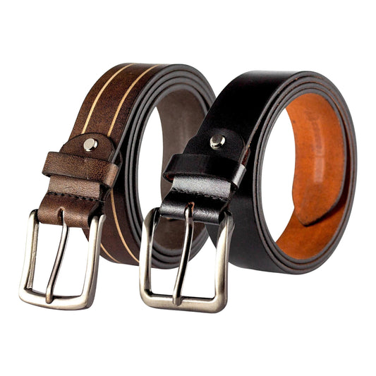 Menβs Genuine Leather Belt Combo β Classic Black & Brown Striped Belts with Durable Metal Buckles (Set of 2)