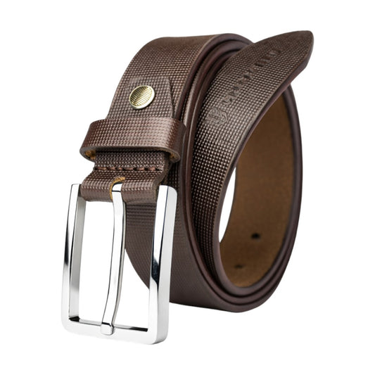 Crabby Hunt Men’s Genuine Leather Formal Belt – Brown Square Grid Textured Belt with Silver Metal Buckle