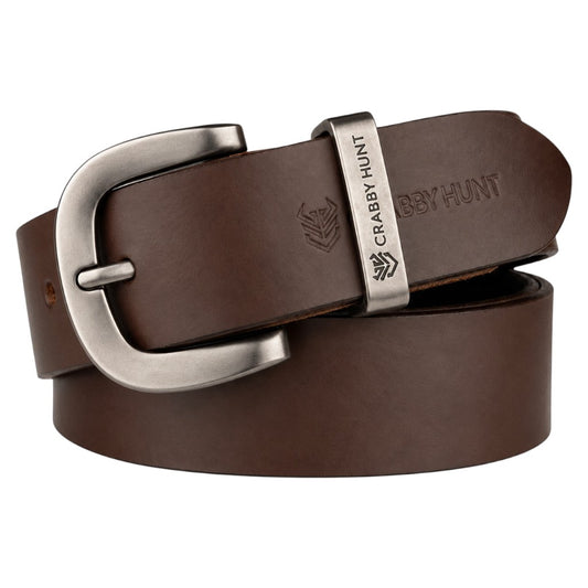 Crabby Hunt Classic Brown Leather Belt with Grey Round Buckle