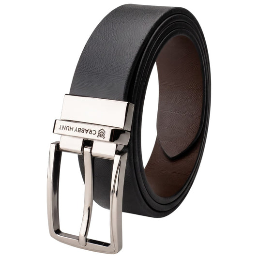 Crabby Hunt Reversible Genuine Leather Belt for Men | Black & Brown 2-in-1 Formal Belt with Premium Metal Buckle