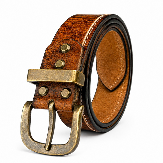Crabby Hunt Vintage Brown Genuine Leather Belt for Men | Antique Brass Buckle | Casual & Formal Wear