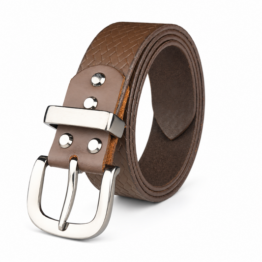 CRABBY HUNT Textured Genuine Leather Belt for Men | Premium Woven Pattern Casual Belt with Metal Pin Buckle – Brown