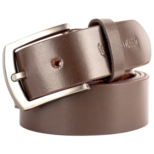 Genuine Brown Leather Belt with Silver Metal Buckle