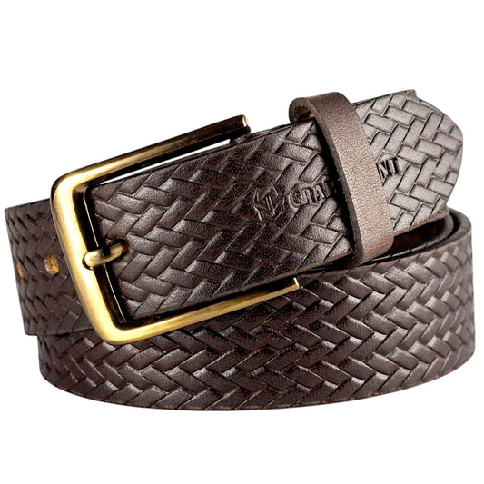 Crabby Hunt Brown Woven Pattern Leather Belt for Men – Genuine Leather, Elegant Texture, Stylish & Long-Lasting