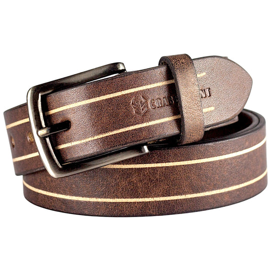 Crabby Hunt Brown Genuine Leather Belt for Men – Premium Quality, Dual Stripe Design, Durable & Stylish