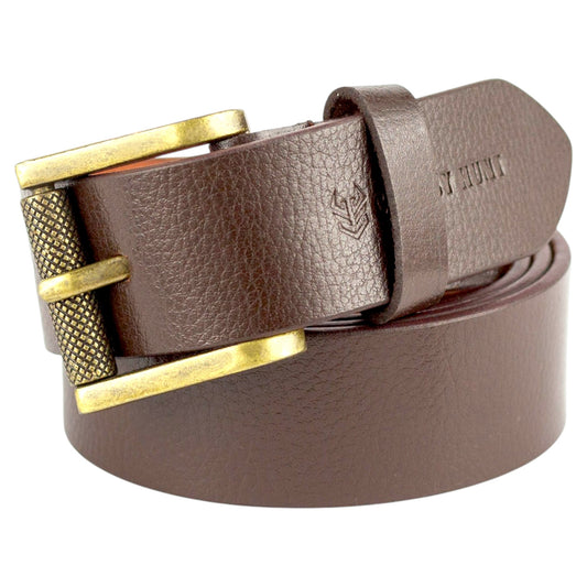 Genuine Classic Brown Leather Belt with Golden Brass Metal Buckle