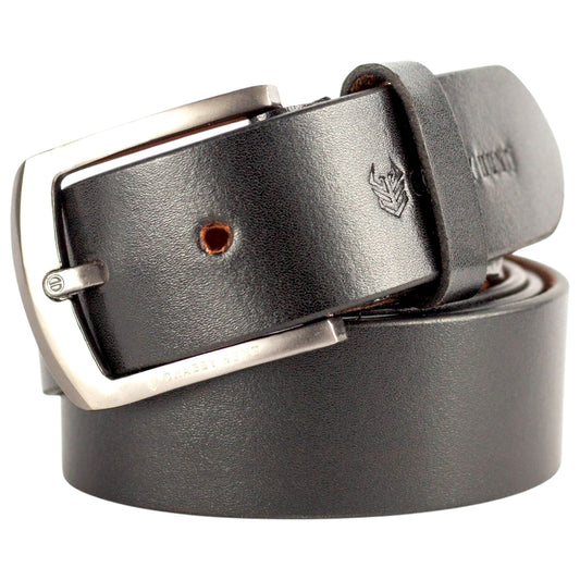 Genuine Classic Black Leather Belt with Stylish Metal Buckle