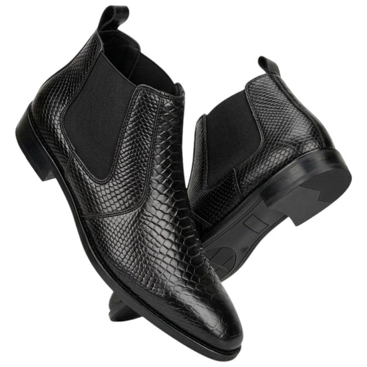 Men’s Black Chelsea Boots - Reptile Texture Leather Formal & Party Wear Shoes