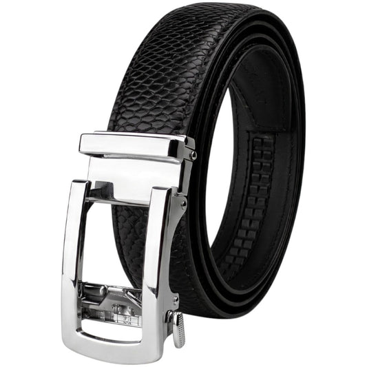 Men’s Autolock Black Croco Leather Belt – Silver Automatic Buckle, Premium Formal Belt for Men