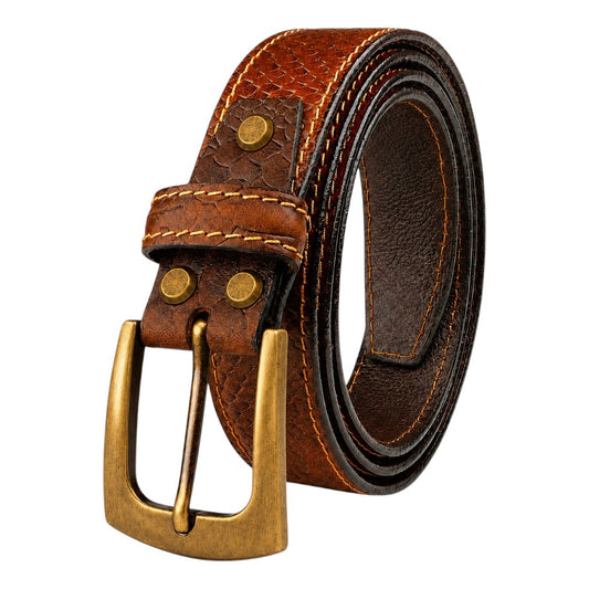 Men’s Tan Croco Embossed Genuine Leather Belt – Antique Brass Pin Buckle, Premium Formal & Casual Belt
