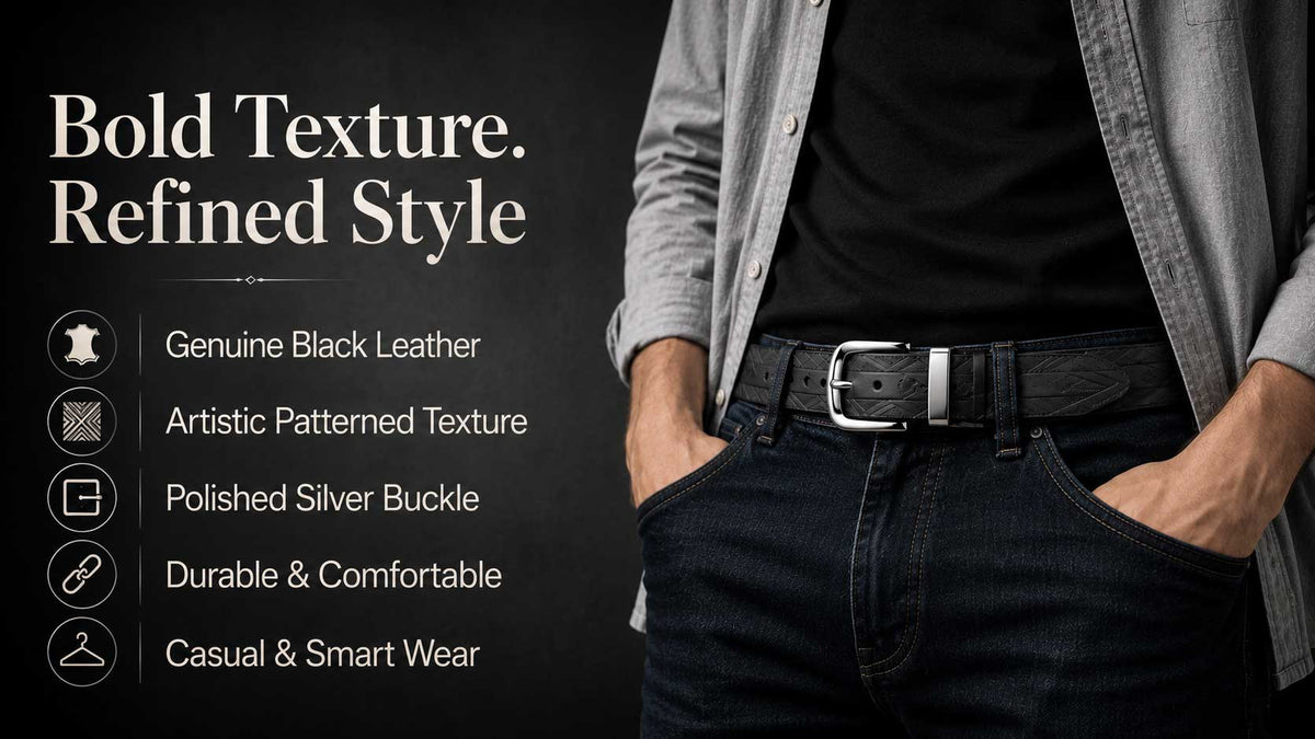 Crabby Hunt Black Patterned Genuine Leather Belt for Men – Premium Quality, Artistic Design, Durable & Sophisticated