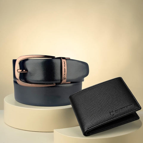 Crabby Hunt Premium Leather Belt & Wallet Combo – Metro Choco Gold Buckle Belt & Black Wallet | Gift Set
