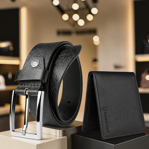 Crabby Hunt Sufiyana Black Leather Belt & Wallet Combo Set | Back Pocket Wallet | LB-LW-BL-Sufiyana-Black