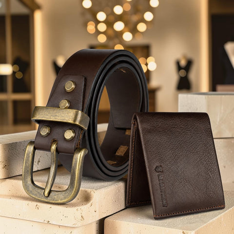 Crabby Hunt remium Braided Antique Leather Belt & Dark Brown Wallet Combo | Without Coin Pocket