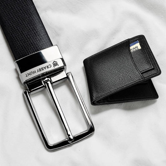 Men’s Leather Wallet & Belt Set – Textured Black Wallet & Gunmetal Front-Slider Belt