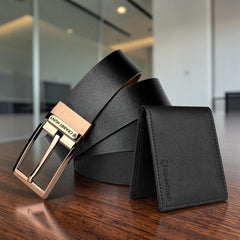 Crabby Hunt Premium Leather Belt & Wallet Combo – Dammas Choco Gold Buckle Belt + Black Back Pocket Wallet Gift Set