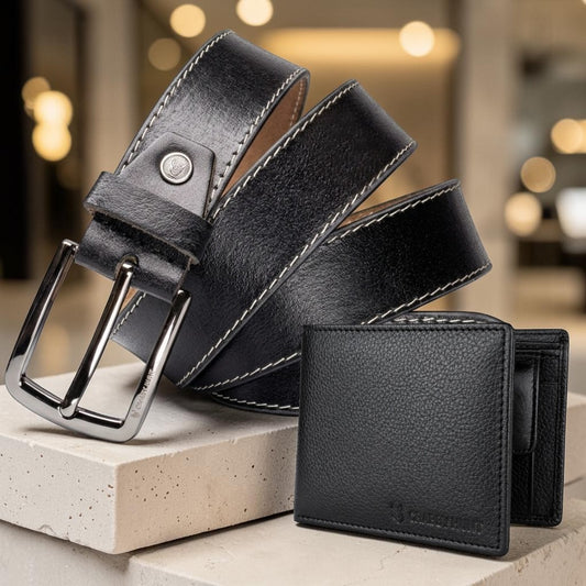 Crabby Hunt Premium Genuine Leather Belt & Wallet Combo for Men – Black Side Thread Belt & Coin Pocket Wallet