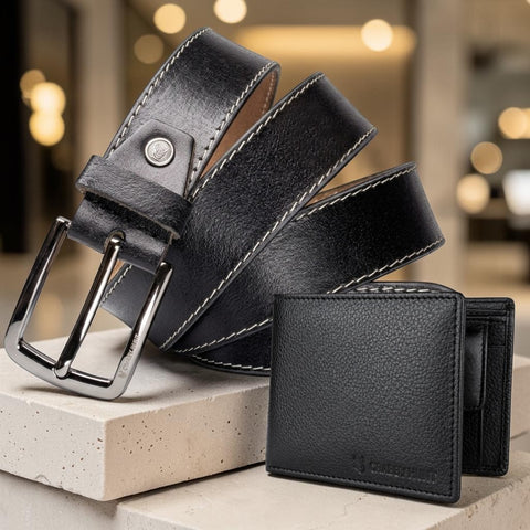 Crabby Hunt Premium Genuine Leather Belt & Wallet Combo for Men – Black Side Thread Belt & Coin Pocket Wallet