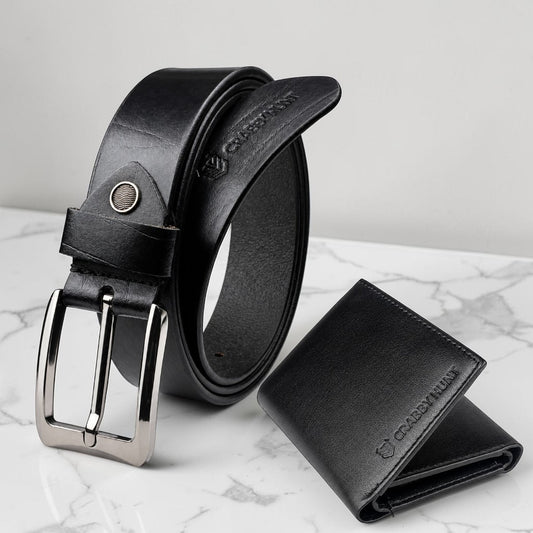 Crabby Hunt Men's Premium Black Leather Belt & Trifold Wallet Combo Gift Set | Vein Texture Belt & Classic Trifold Wallet