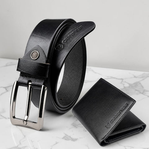 Crabby Hunt Men's Premium Black Leather Belt & Trifold Wallet Combo Gift Set | Vein Texture Belt & Classic Trifold Wallet