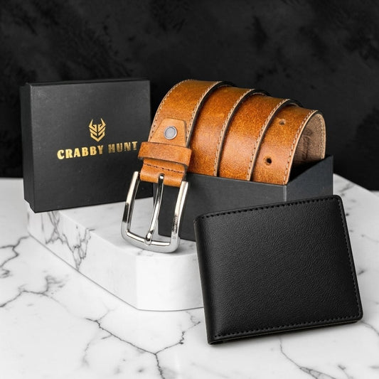 Men’s Tan Leather Wallet & Belt Set – Zipper Wallet with Side Stitch Detailing & Formal Belt | Crafted Edition
