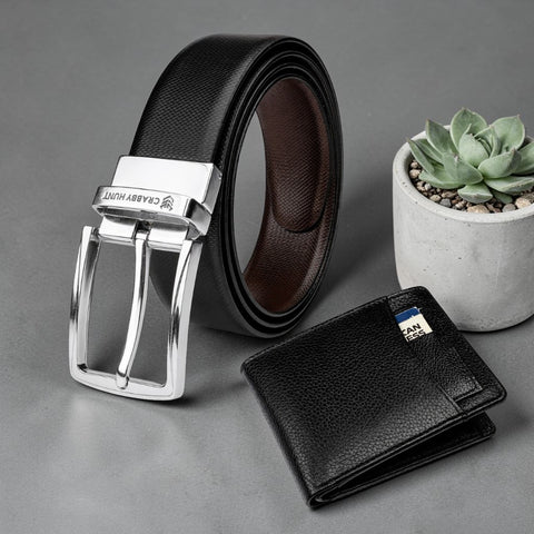 Men’s Leather Wallet & Belt Set – Textured Black Wallet & Gunmetal Front-Slider Belt