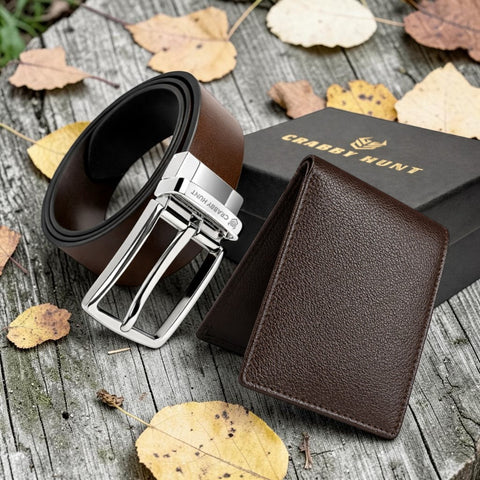 Men’s Classic Leather Wallet & Belt Set – Dark Brown Bi-Fold Wallet with Mild Silver Buckle Belt | Timeless Edition