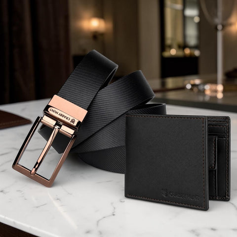 Crabby Hunt Premium Leather Belt & Wallet Combo Set | Drill Square Choco Buckle Belt & Black Back Pocket Wallet