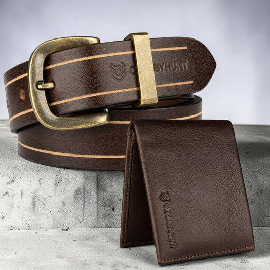 Crabby Hunt Apollo Genuine Leather Belt & Wallet Combo Set for Men – Beige Stripe Antique Buckle Belt & Dark Brown Wallet (Without Coin Pocket)